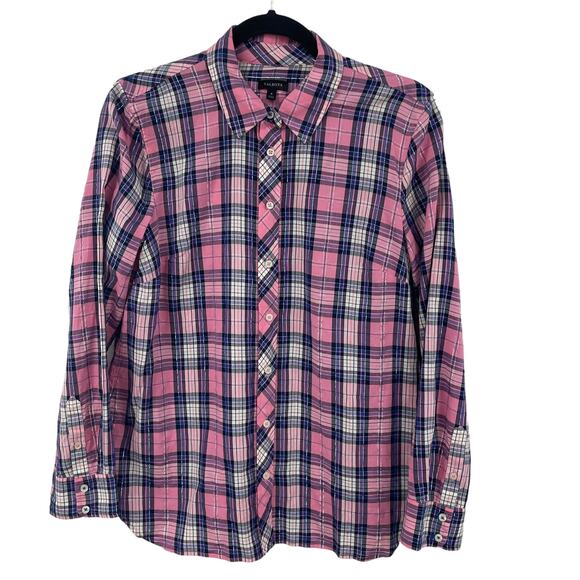Talbots Long Sleeve Classic Button Down Pink Blue Metallic Plaid Womens Medium - Picture 1 of 7